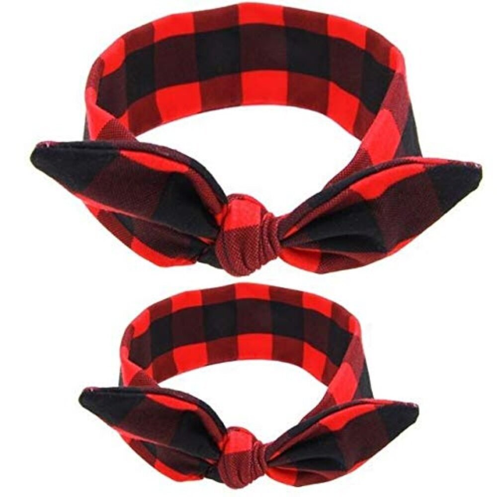 Mommy and Me Matching Cotton and Spandex Stretch Tie Headbands Buffalo Plaid
